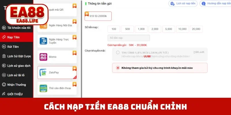Cách nạp tiền EA88 chuẩn không cần chỉnh